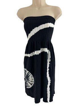 Black White Tie-Dye Smocked Bodice Strapless Dress Swim Cover Up One Size Venus